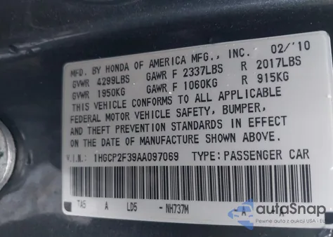 2010 Honda Accord 2.4 Lx z USA, uszkodzony, nr VIN 1HGCP2F39AA097069